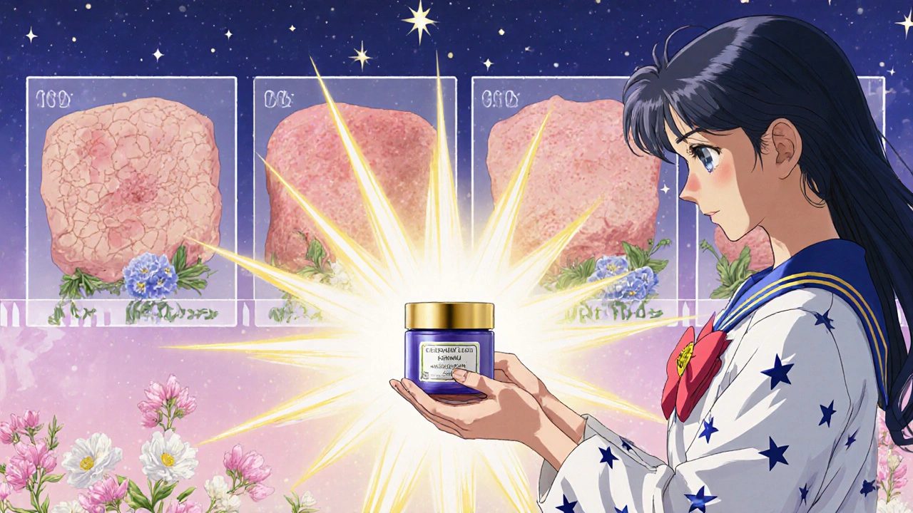 A dermatologist giving a healing moisturizer to a patient as golden light restores healthy skin texture.