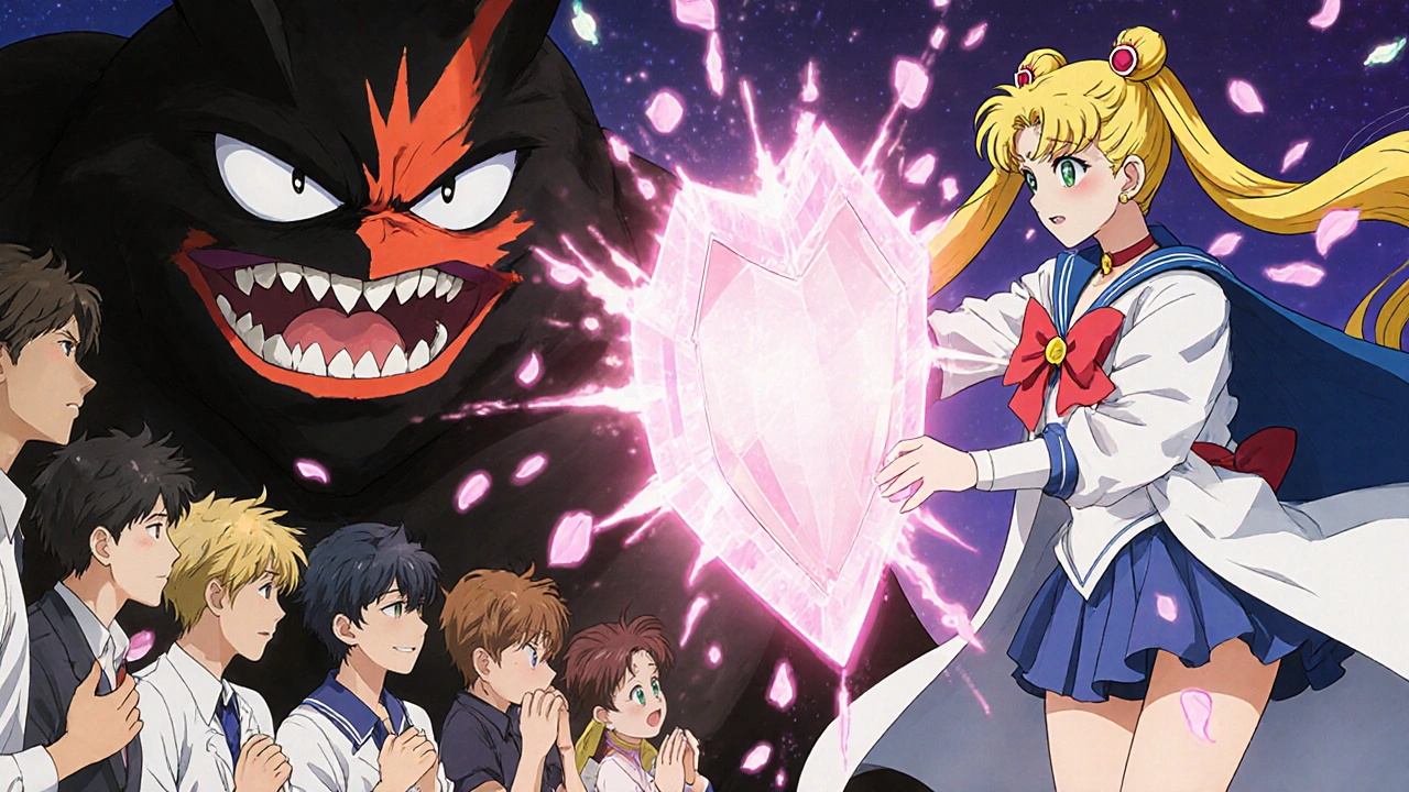 A heroic figure using a buffered vitamin C shield to defeat an acidic monster in a manga-style battle.