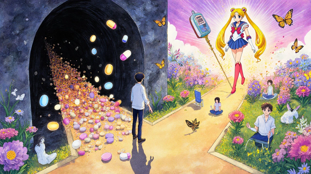 A person chooses a path of safe alternatives over deadly drug combo, illuminated by hope in anime style.