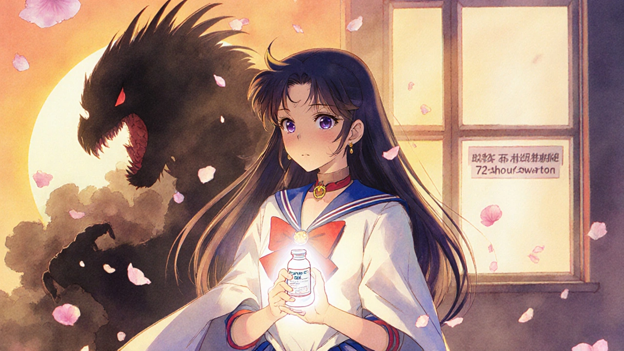 A woman holding a vaccine shield as a virus dissolves in sunlight, cherry petals swirling in anime style.