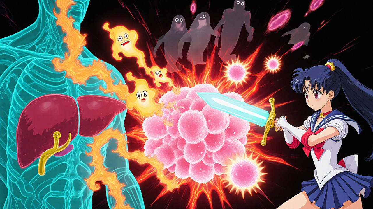 Anime battle of acetaldehyde, ROS, and hormones attacking cells, defended by a hero.