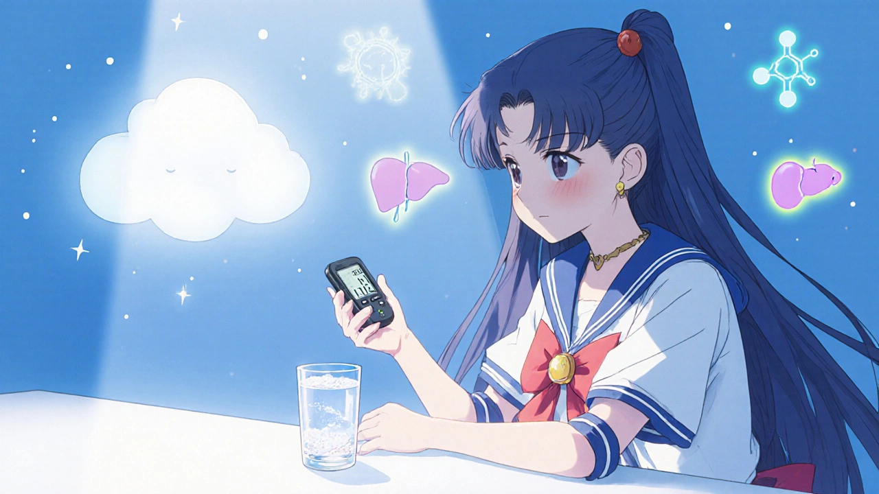 Anime heroine checking glucose monitor while drinking electrolyte water, with faint lactic acid cloud nearby.