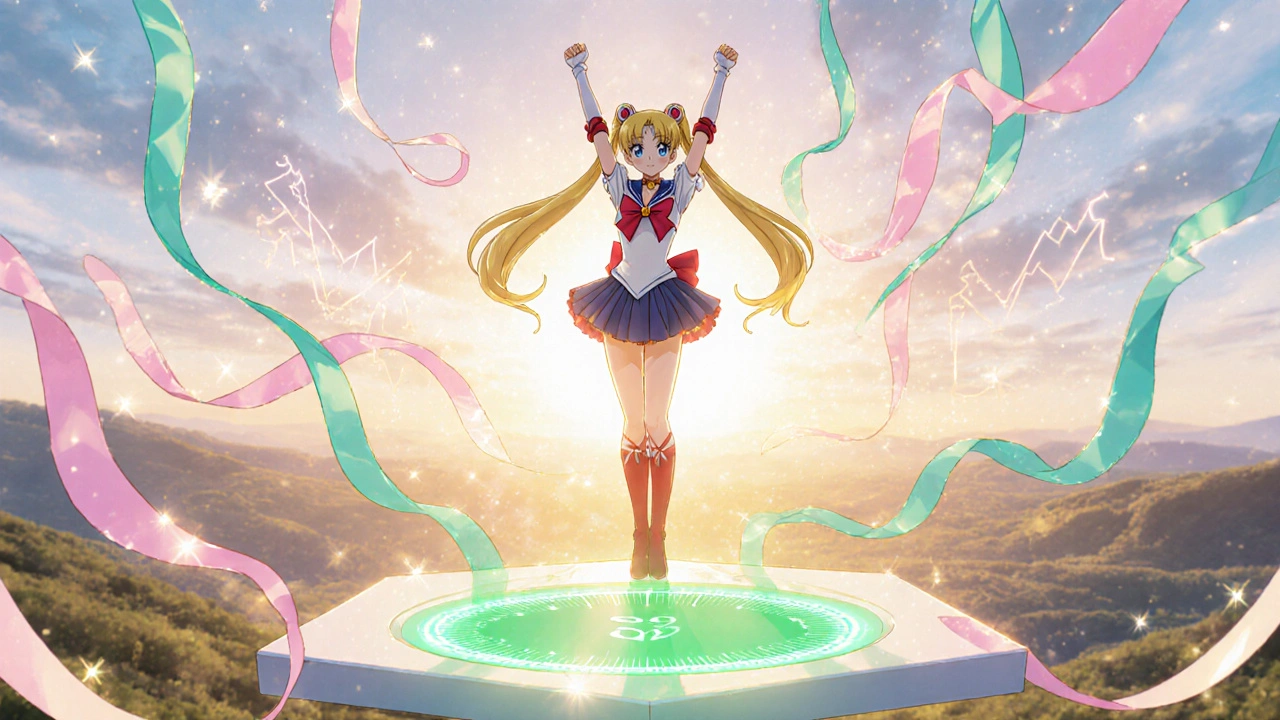 Anime sailor girl standing on glowing scale with sunrise background, symbolizing weight loss and health improvement.