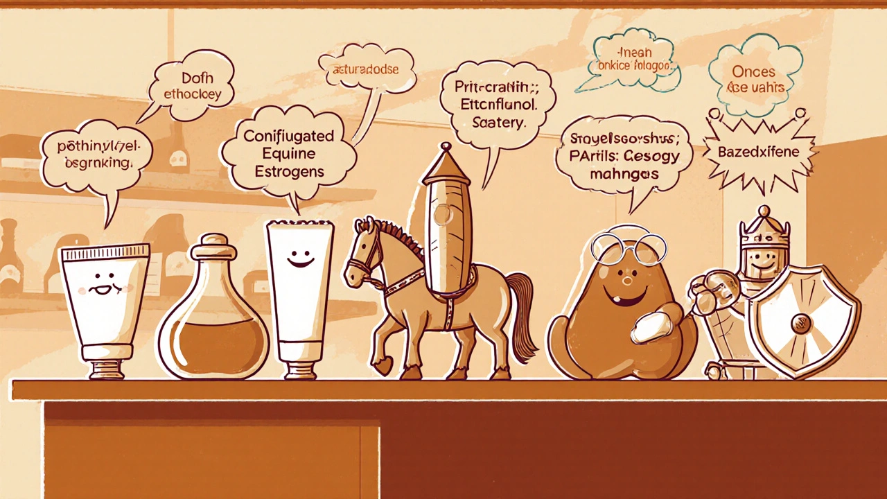 Cartoon pharmacy counter showing estrogen characters with attribute bubbles.