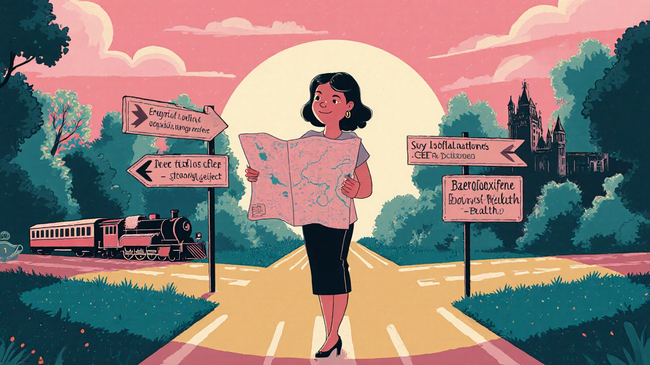 Cartoon woman at a crossroads choosing between Estriol, Estradiol, soy, and CEE+Bazedoxifene.