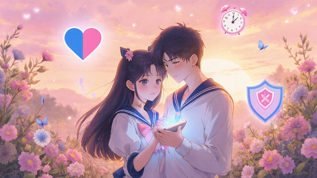 Couple in garden with tablet, heart, clock and shield symbols.