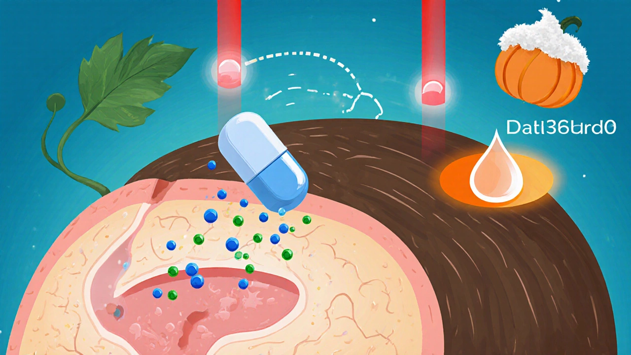 Cross‑section of scalp showing Finrest, dutasteride, minoxidil, laser light, and natural supplement symbols.
