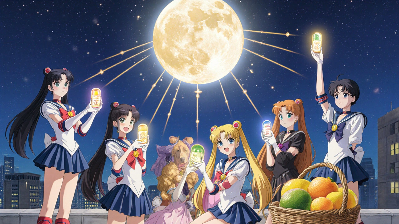 Diverse characters holding different vitamin C forms under a moonlit sky, connected by golden energy threads.