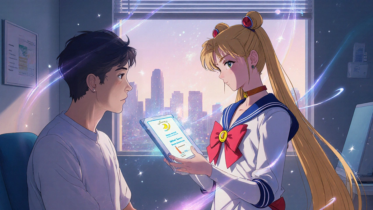 Doctor in Sailor‑style uniform shows a glowing Harvoni tablet to a patient, with treatment timeline ribbons.