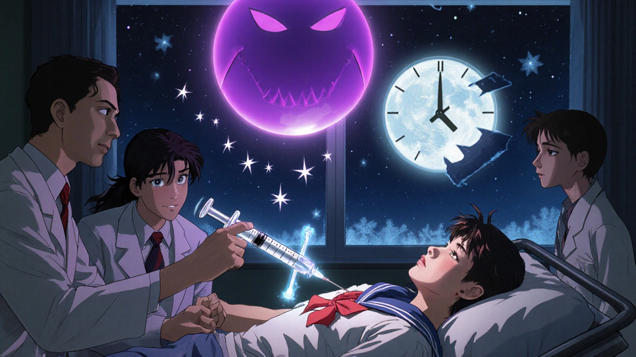 Emergency team administers naloxone as a benzodiazepine orb suppresses fading breath-stars in an anime ER scene.