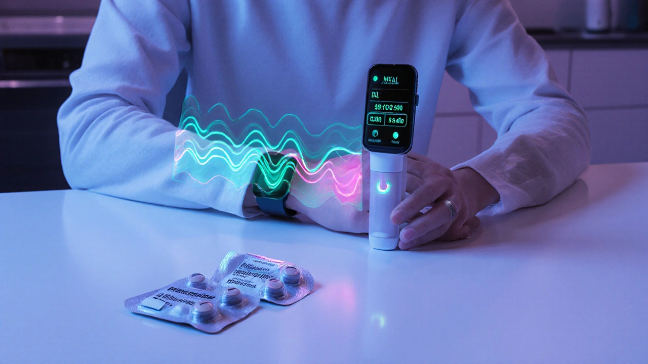 Futuristic scene of a person adjusting an insulin pump with holographic glucose data.