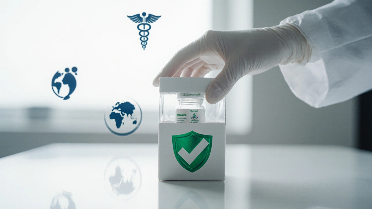 Hand holding a sealed medication box with a checkmark seal, emphasizing safety and verification.