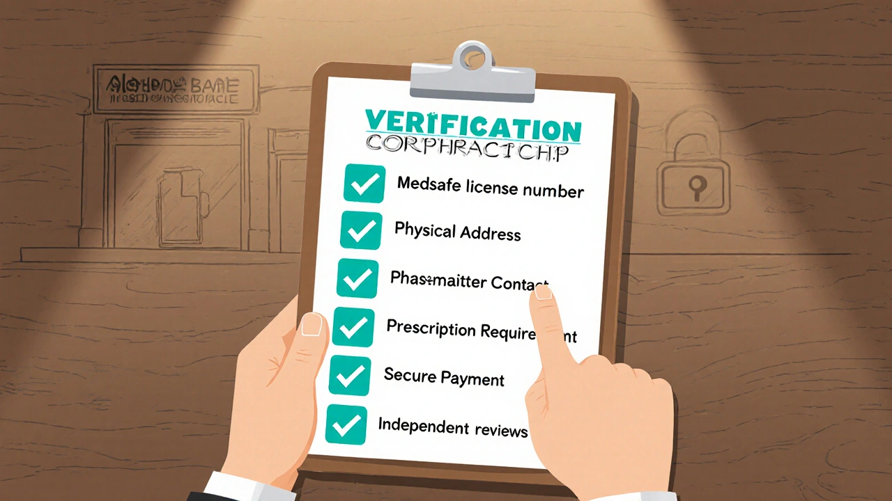 Hand holds checklist of online pharmacy verification steps on a desk.