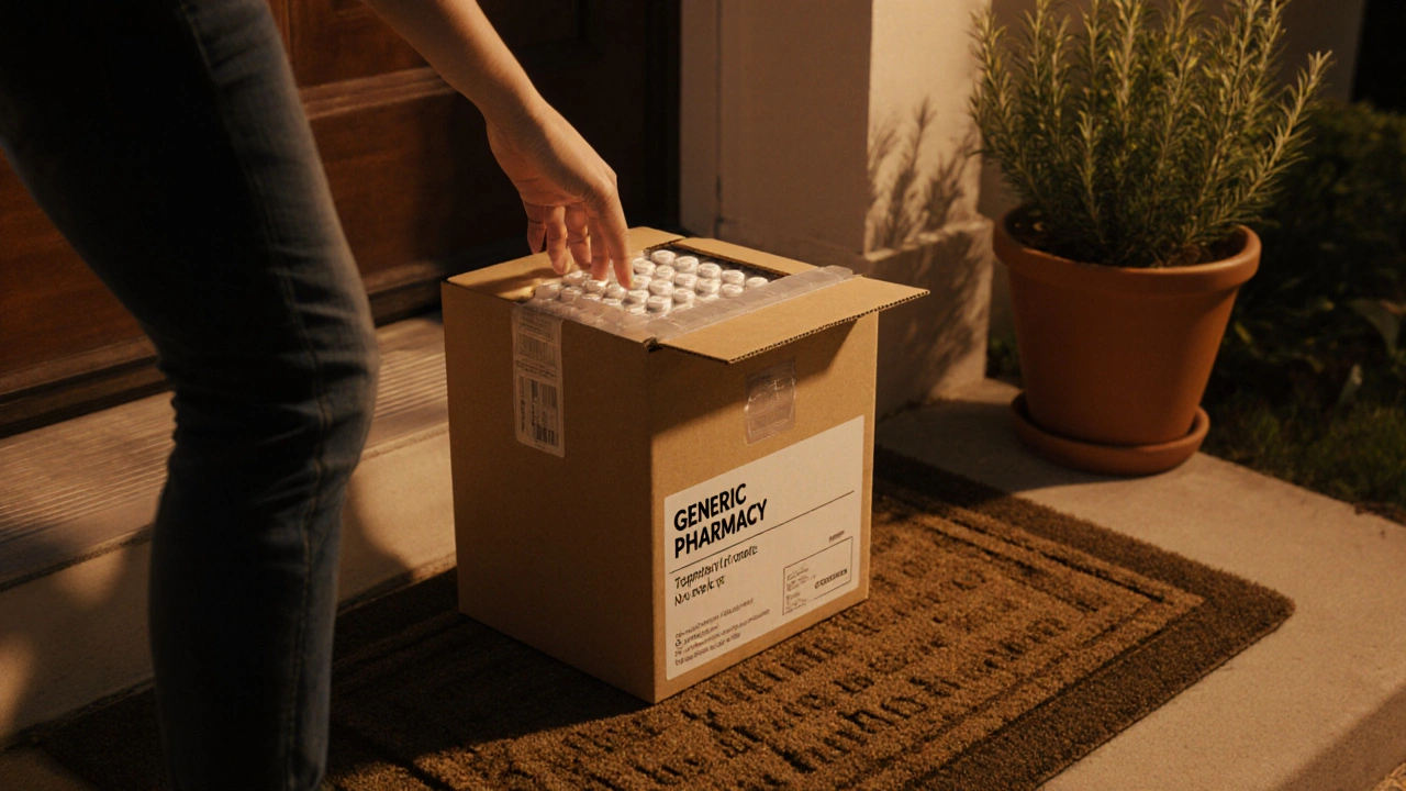 Hand opening a delivery box on a porch, revealing white generic allergy tablets.