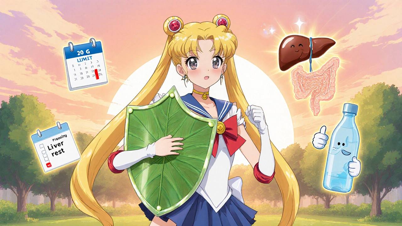 Heroine with vegetable shield and health icons under a sunrise, promoting safe habits.