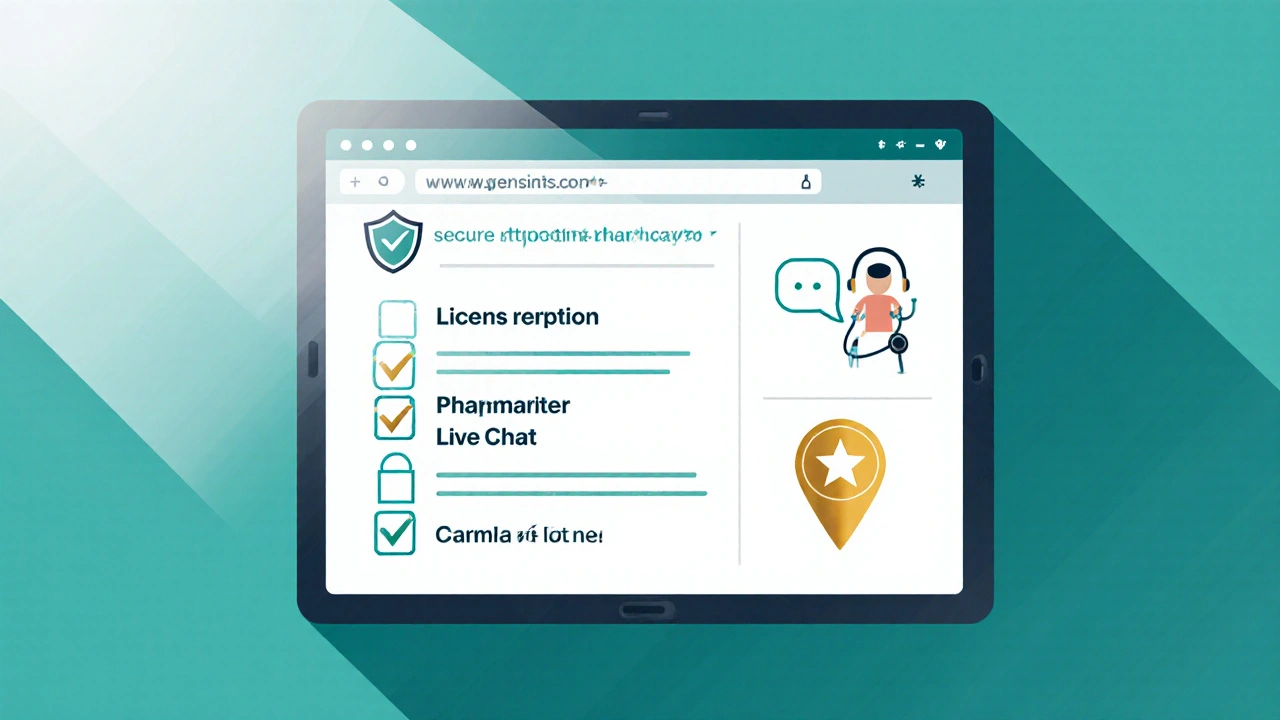 Illustrated checklist of safe online pharmacy features with icons like shield, chat bubble, and address pin.