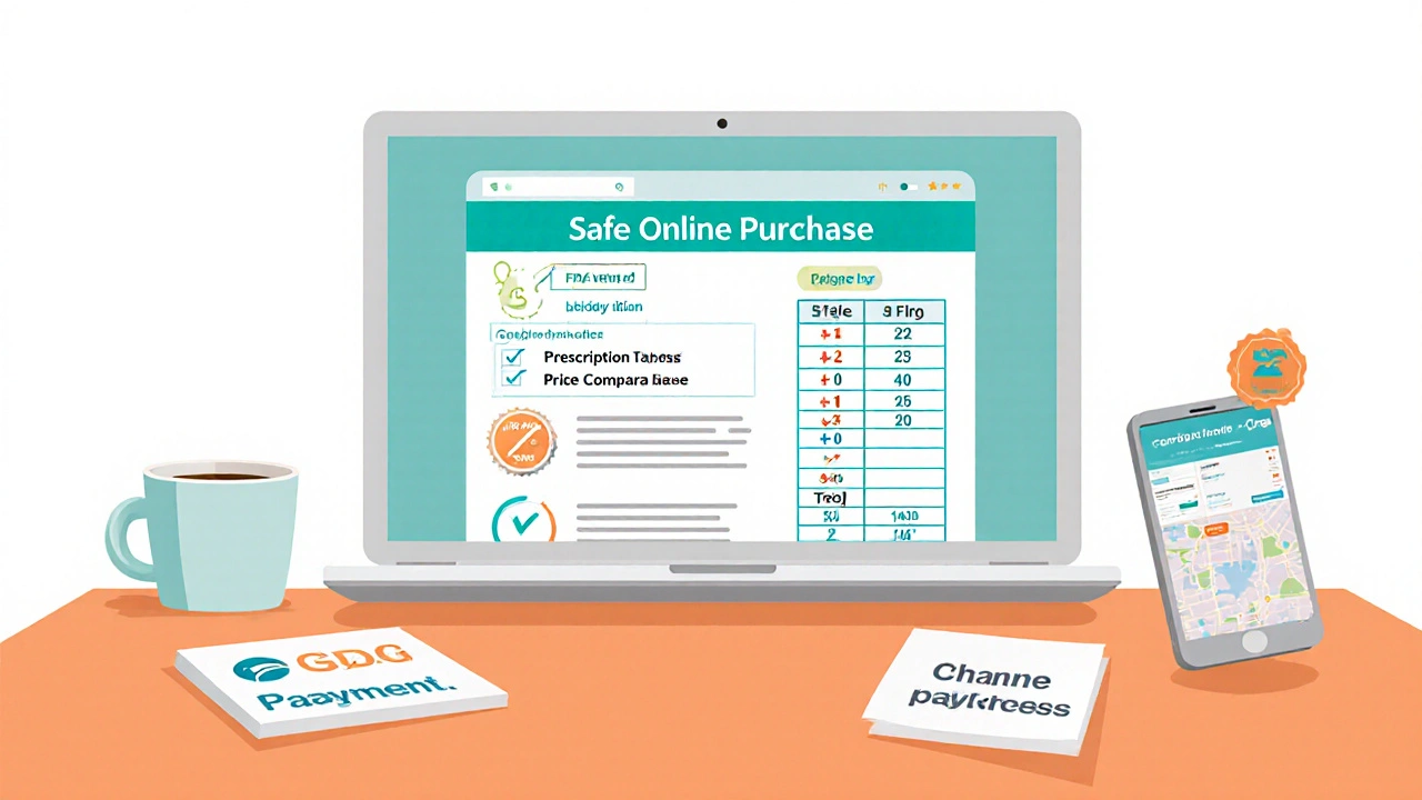 Illustration of a laptop screen showing a safe purchase checklist and pharmacy comparison.