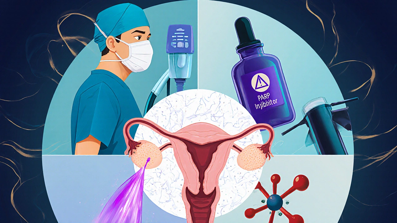 Illustration of surgery, chemotherapy, PARP pill, and VEGF antibody for ovarian cancer.