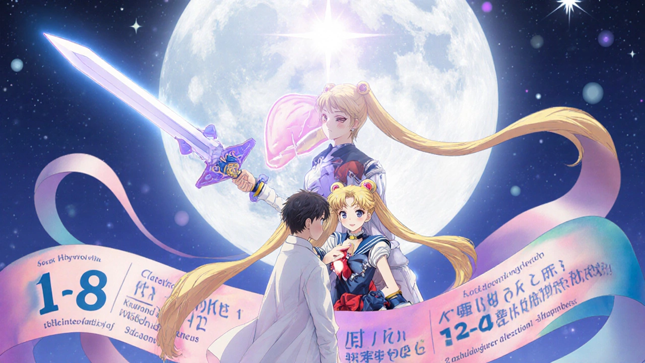 Ledipasvir guardian stands beside a patient, sword-shaped tablet and ribbons display treatment options.