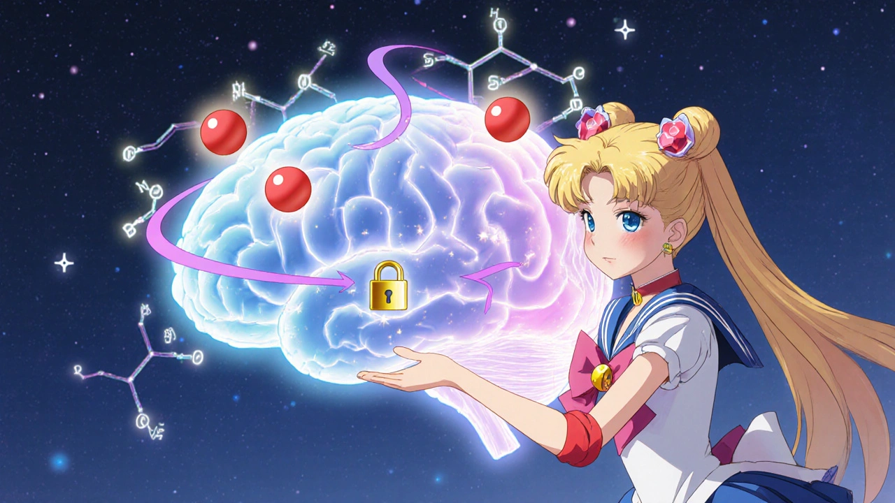 Loxitane heroine hovering beside a glowing brain with dopamine and serotonin icons.
