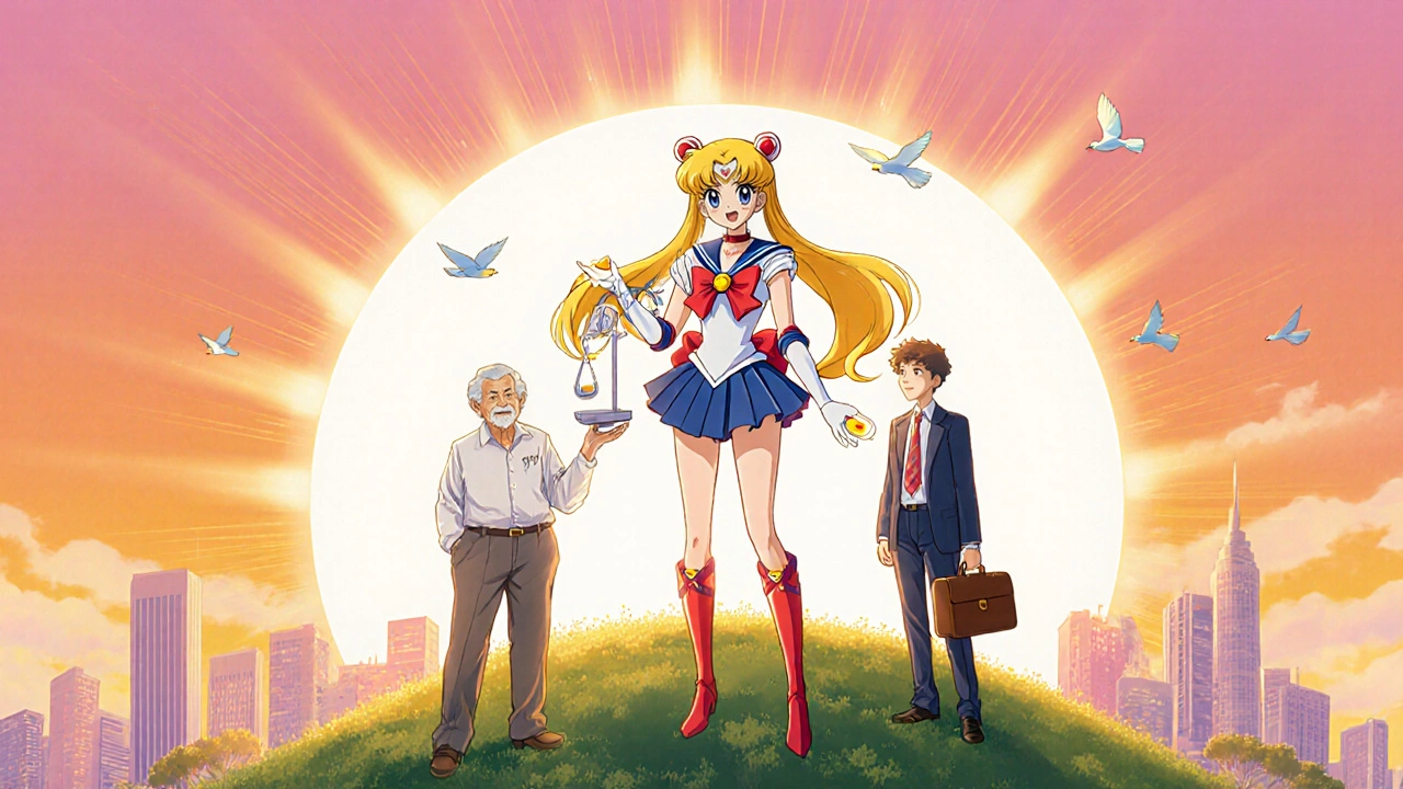Loxitane heroine offering tablets to diverse patients on a sunrise hill.