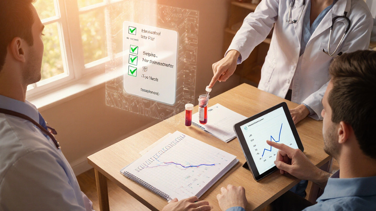 Man checking a health journal while doctor reviews lab results and checklist.