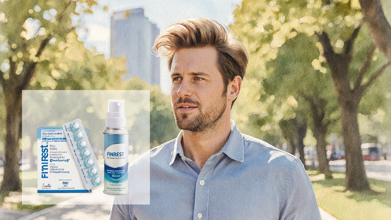 Man with fuller hair walking outdoors, with Finrest and minoxidil items subtly displayed.