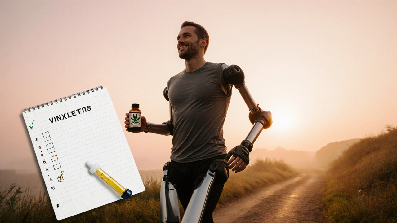 Man with SPMS walking on a trail using a powered exoskeleton at sunrise.