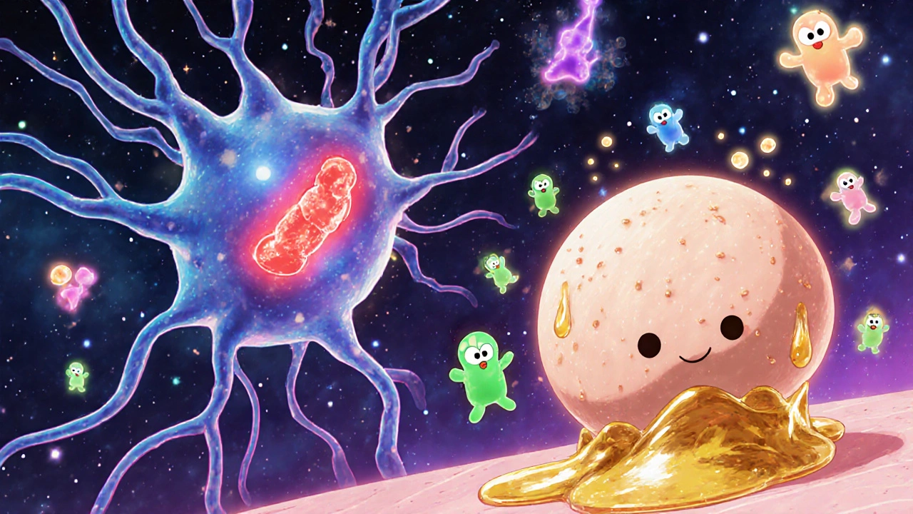 Neuron with blocked sodium channels beside oily sebaceous gland and bacteria.
