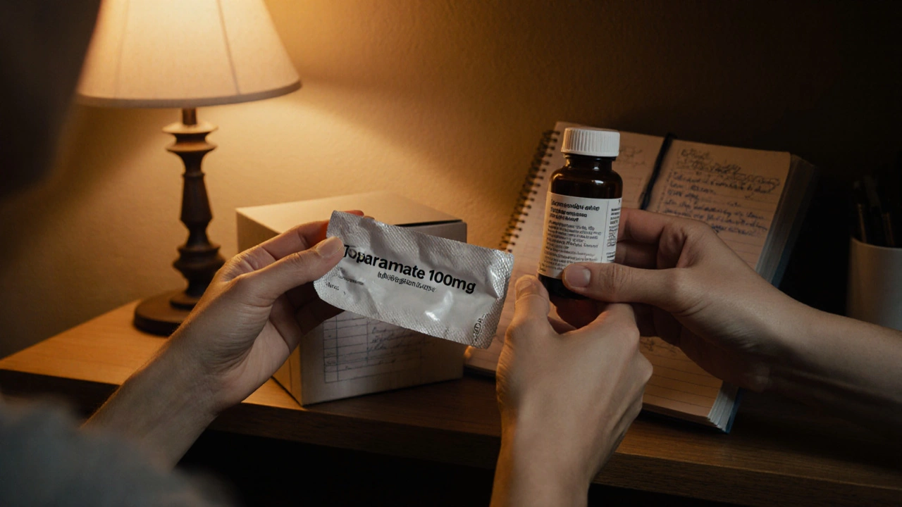 Person opening a box and storing a Topamax bottle on a shelf with a medication diary.
