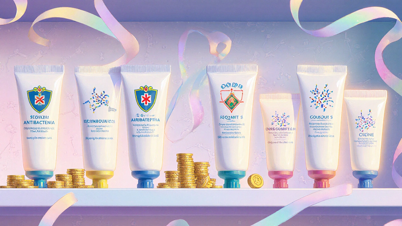 Pharmacy shelf with six ointment tubes, each highlighted by symbols for strength, cost, and prescription.
