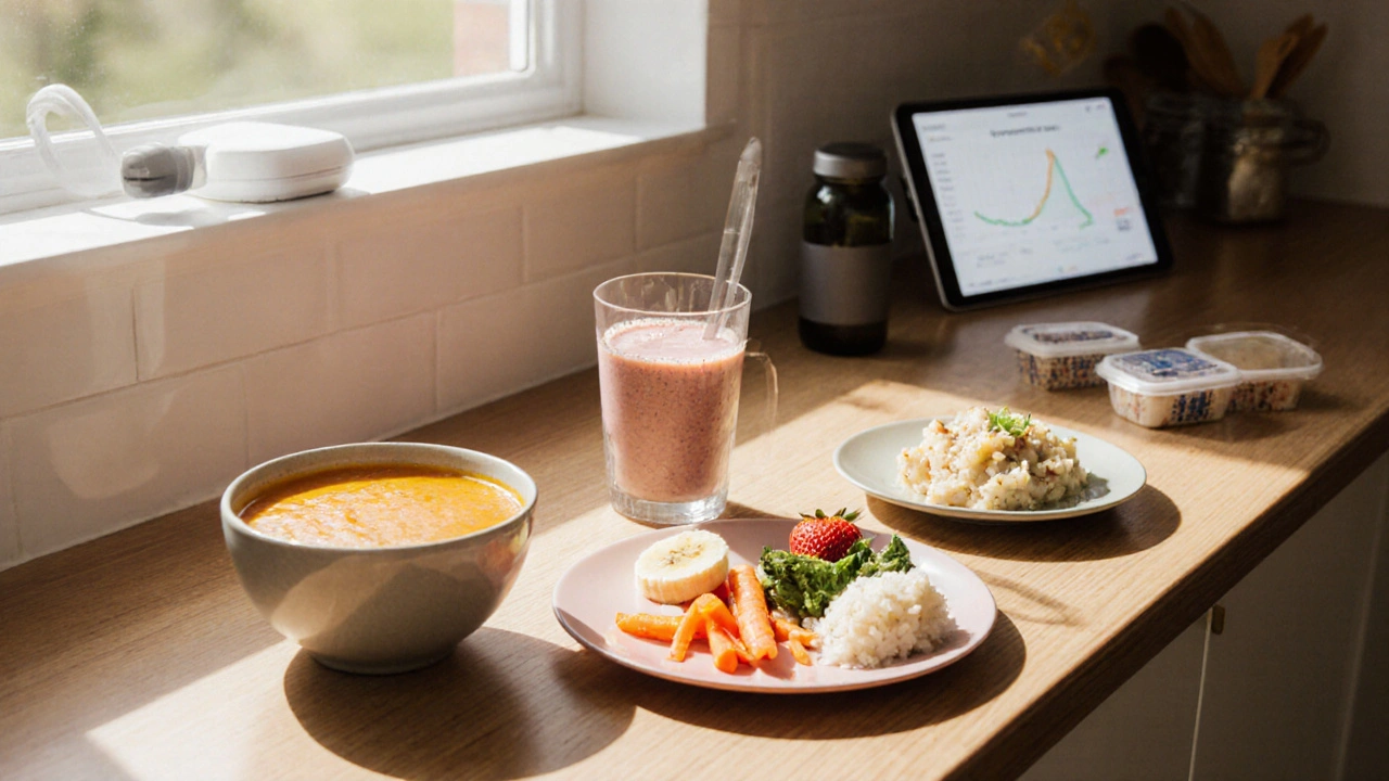Photorealistic kitchen with small low‑fiber meals, insulin pump and CGM device.