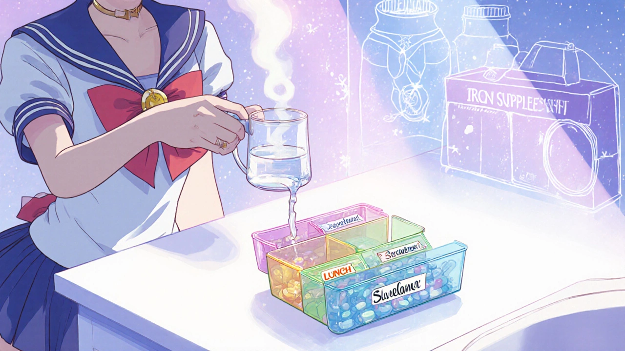 Pill organizer with Sevelamer tablets on a kitchen counter, caregiver preparing to take medicine with a meal.