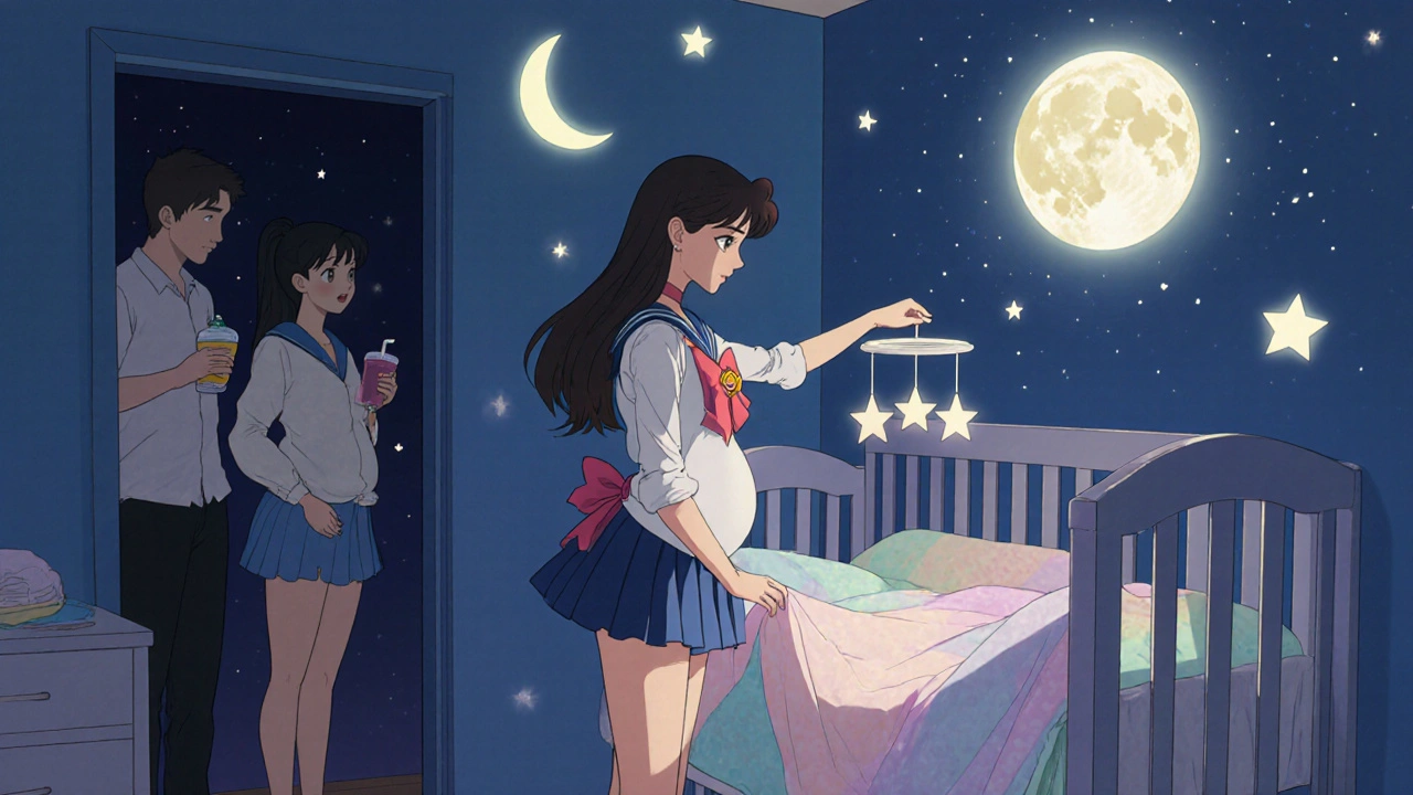 Pregnant woman arranging a crib with partner and friend delivering a smoothie, soft moonlit nursery, anime style.