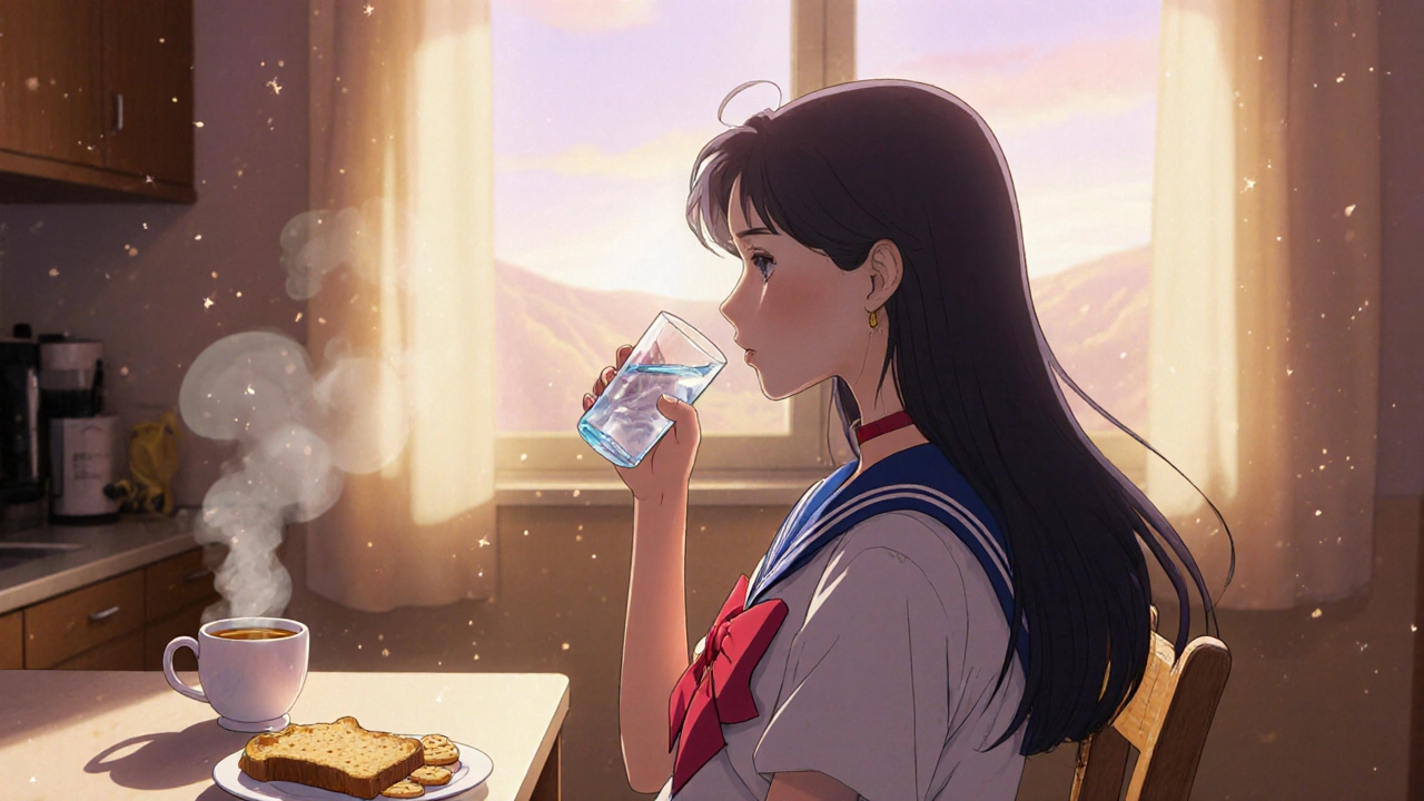 Pregnant woman sipping electrolyte water and nibbling crackers at a sunny kitchen table, anime style.