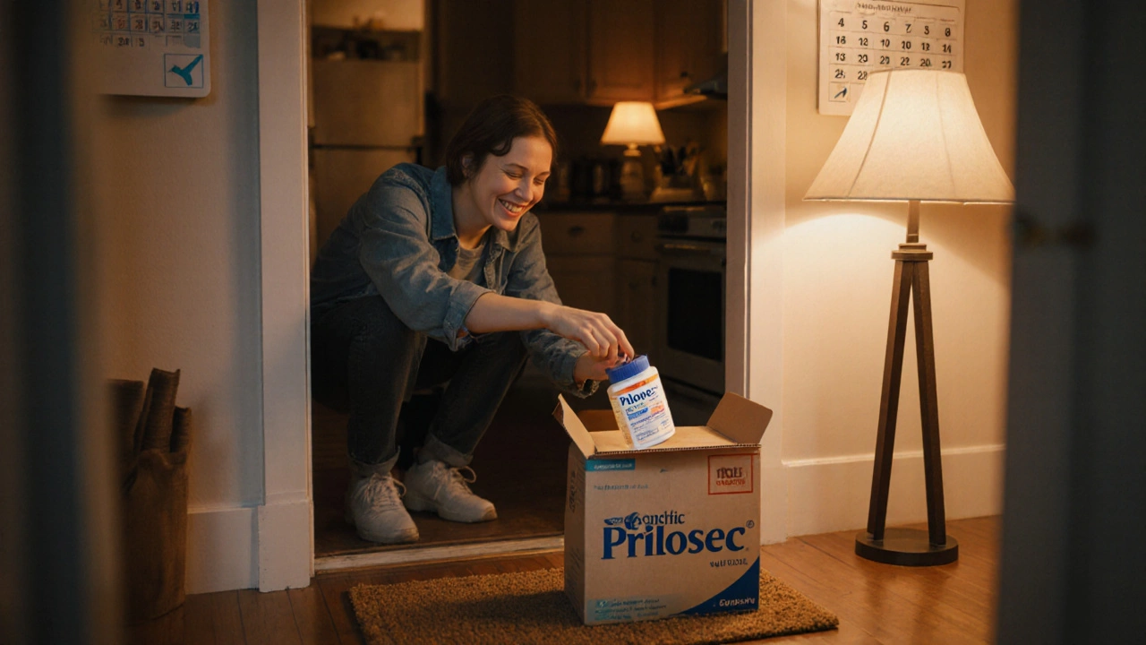 Smiling person receives generic Prilosec package at home and takes a pill.