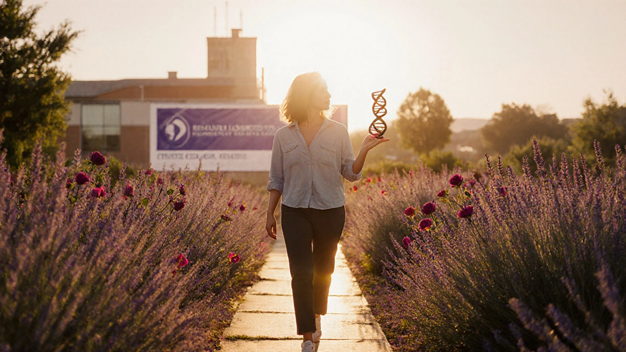 Survivor walks in garden holding DNA model, symbolizing hope after treatment.