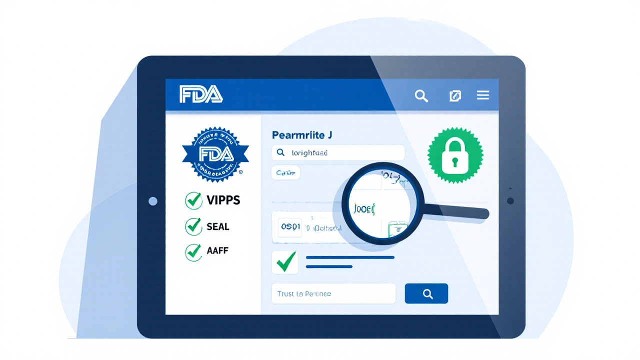 Tablet screen showing pharmacy verification icons and a checklist for legitimacy.