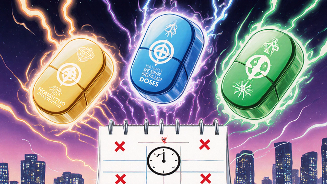 Three magical antiviral pills in a battle formation with runes and motion lines against a ticking clock backdrop.