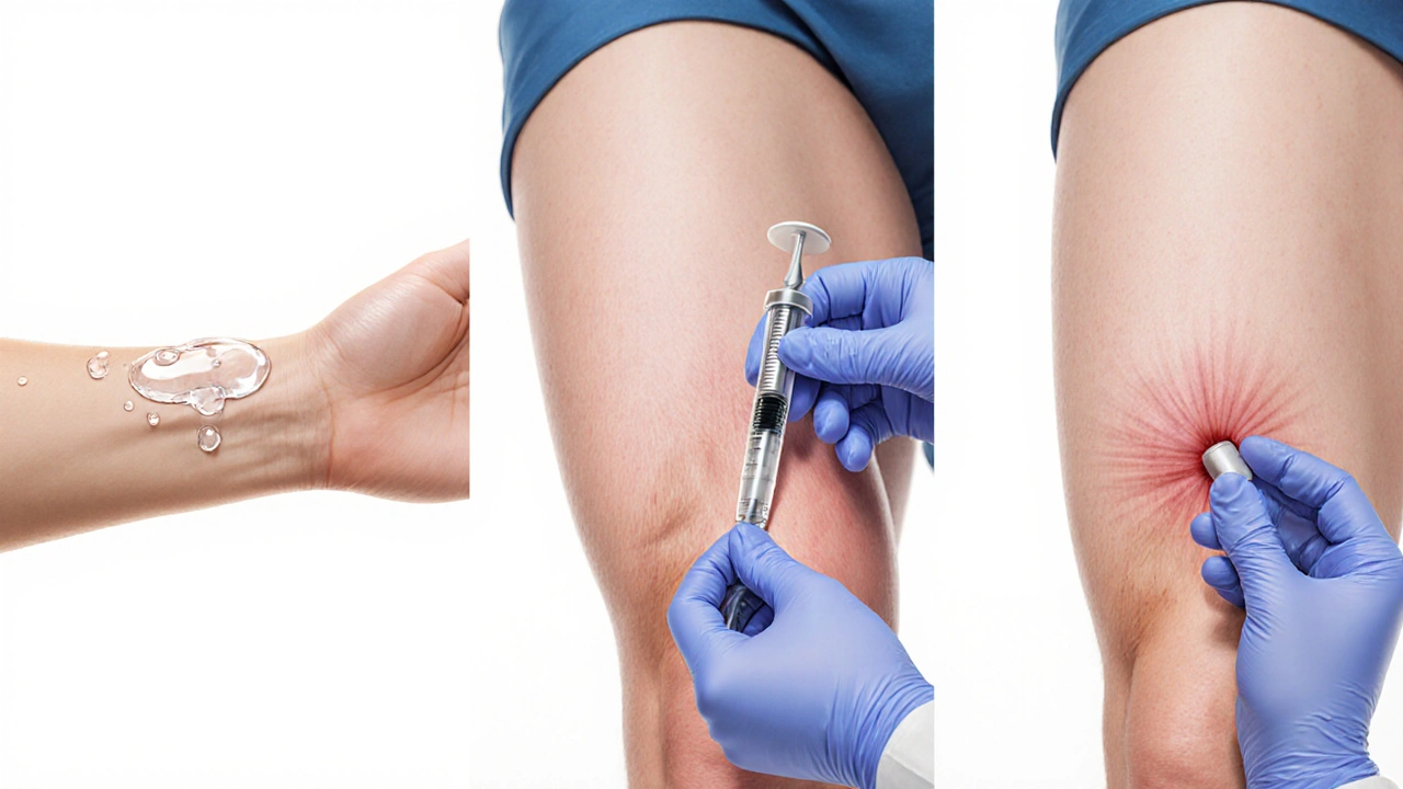 Three side‑by‑side scenes of gel application, injection, and pellet insertion.