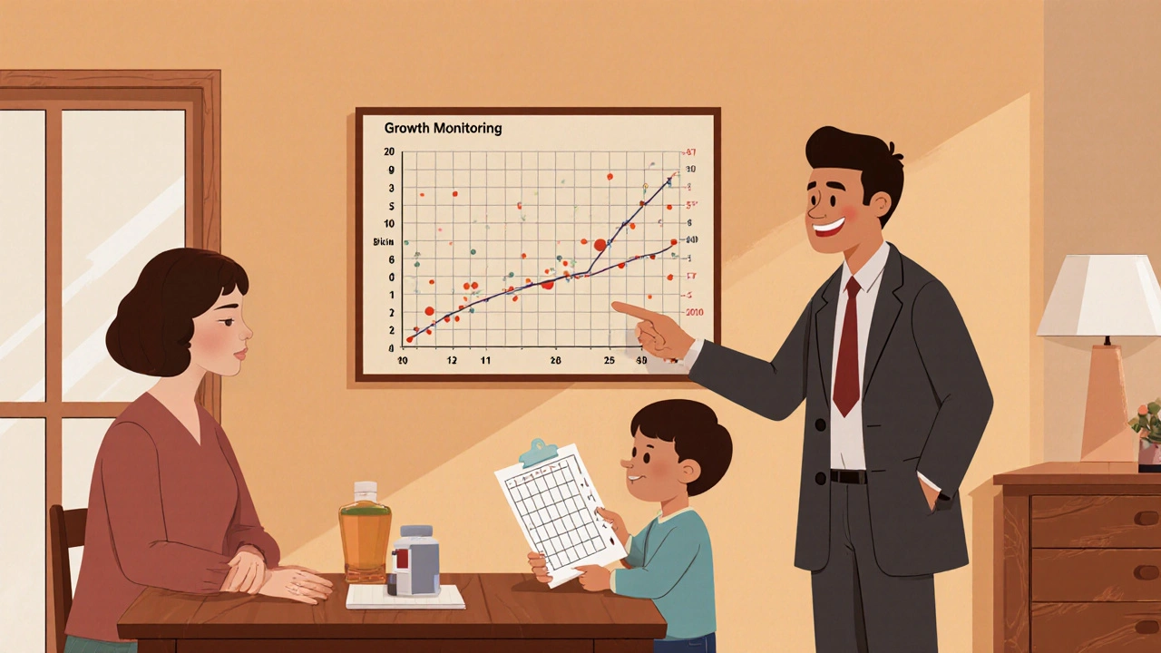 Vintage cartoon of a family reviewing a growth chart and medication plan with a pediatric doctor.
