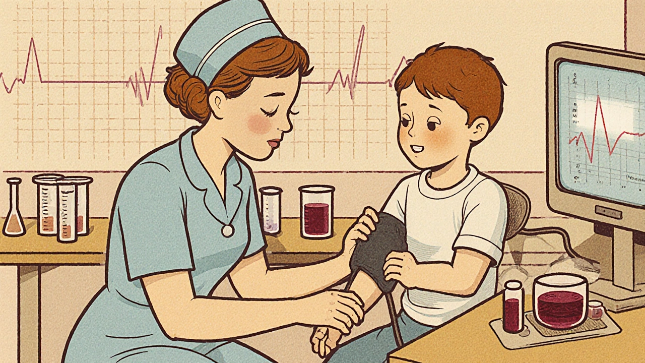 Vintage cartoon of a nurse checking a child's blood pressure and drawing blood for labs.