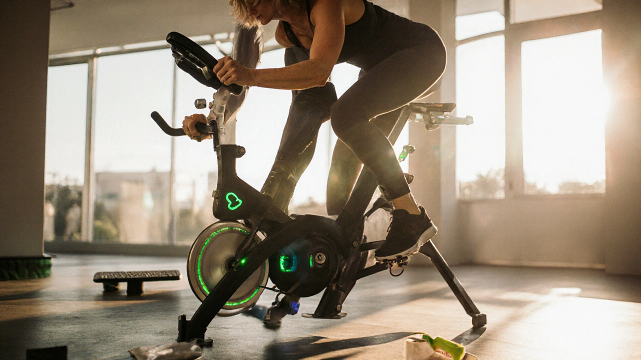 Woman with MS cycling on a stationary bike while resistance bands lie nearby.