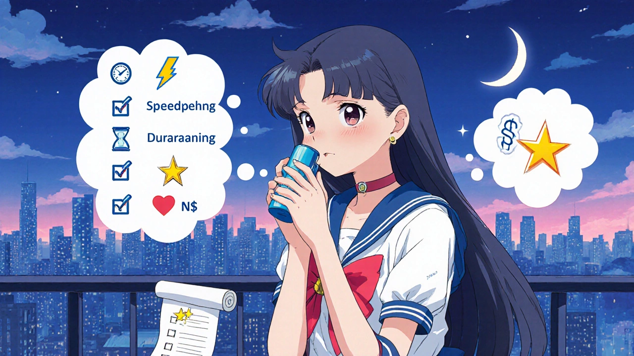 Young woman on a balcony considers inhaler benefits with icons for speed, duration, safety, and cost.