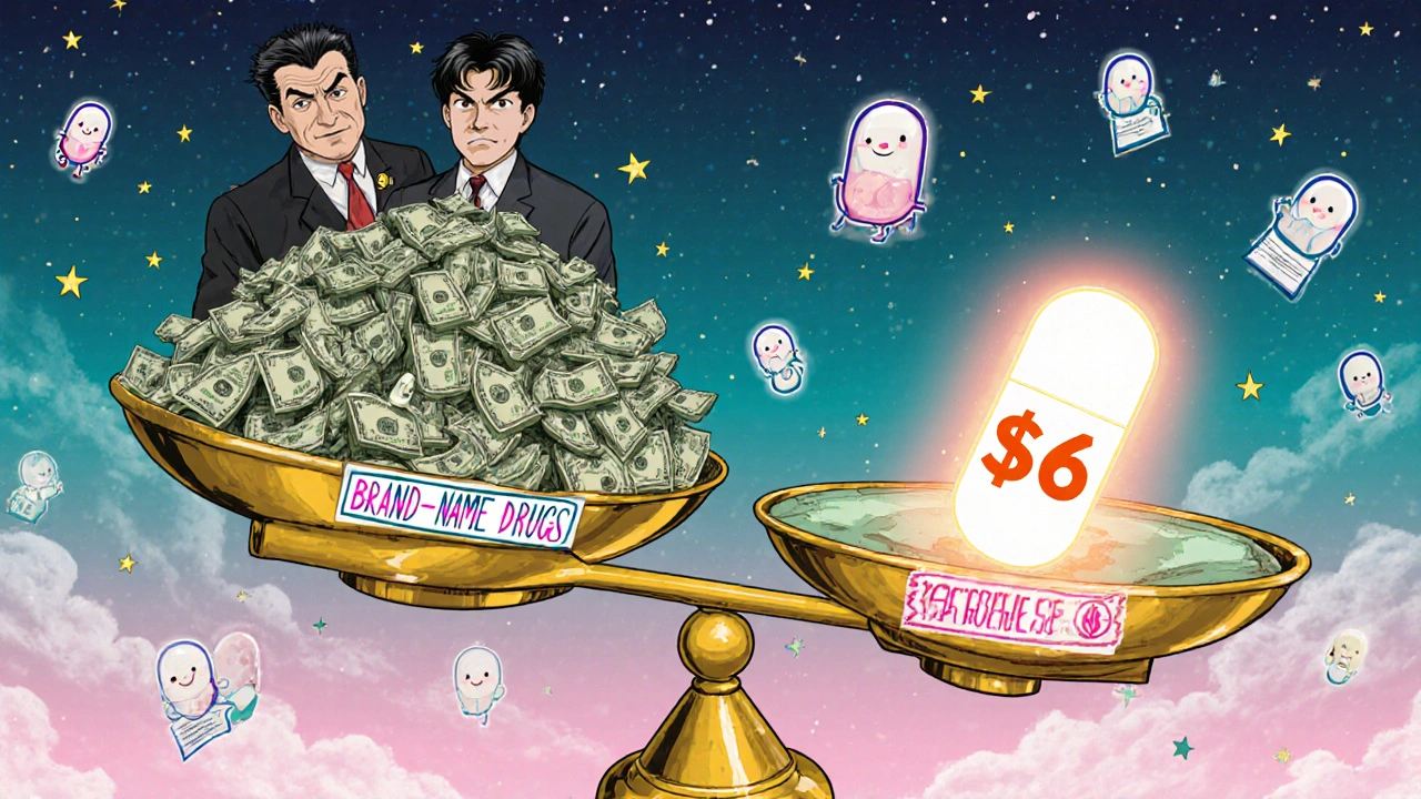 A giant scale tips under the weight of a single generic pill, crushing a mountain of cash from brand-name drugs.