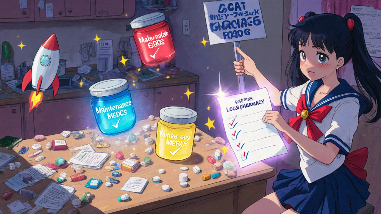 A girl at a table strategizing medication categories with glowing jars and a checklist, stars and sparkles around her.