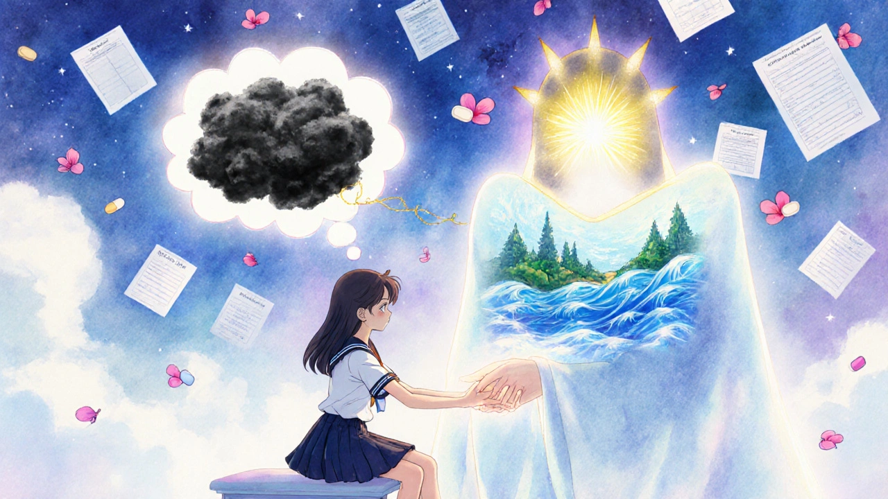 A girl in a school uniform receiving therapy from a celestial guardian, with thought bubbles showing anxious thoughts transforming into calm nature.