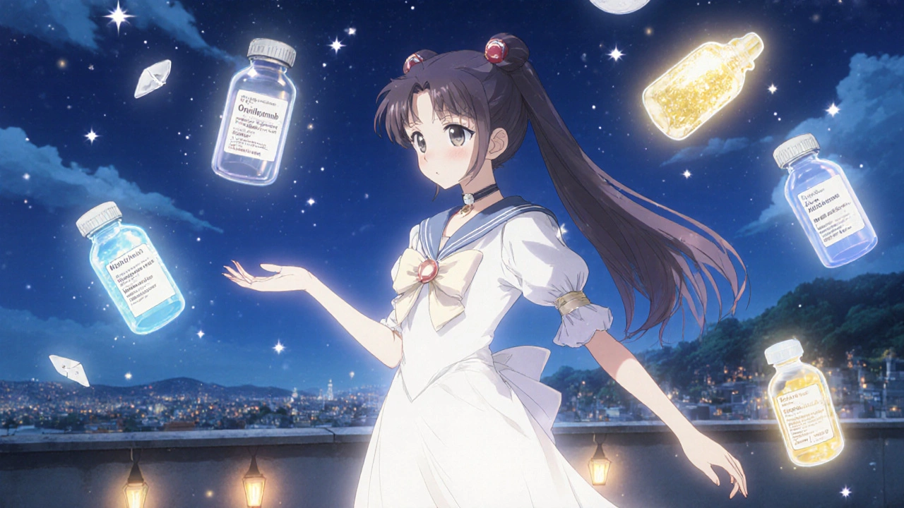 A girl on a rooftop surrounded by glowing medical alternatives like vials and crystals, healing under moonlight.