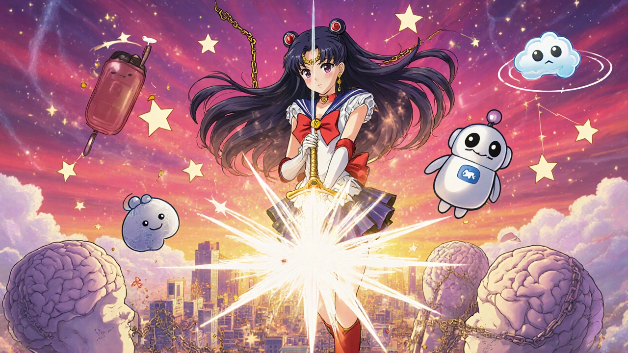 A girl shattering anxiety chains with a light sword, surrounded by fading pills and digital CBT apps as constellations in a cosmic sky.