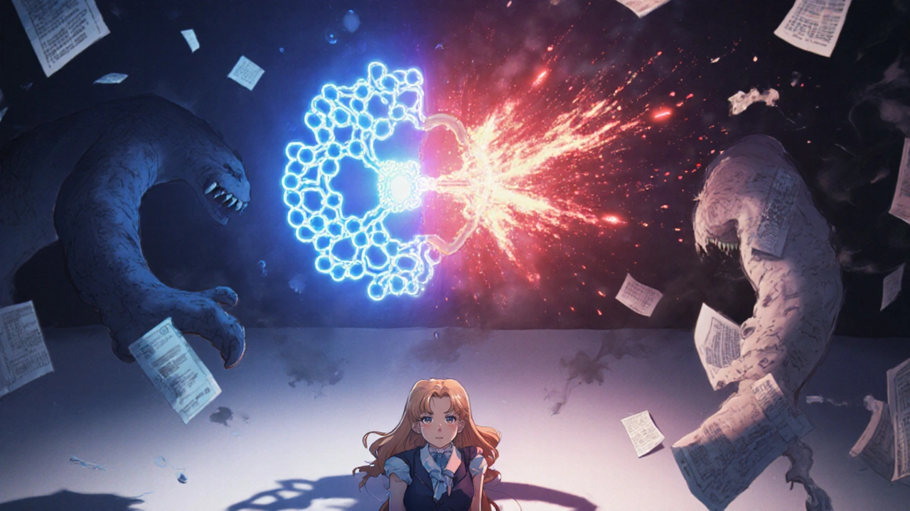 A glowing H1 receptor with one side calm and the other exploding, as a patient watches in shock under medical symbols dissolving.